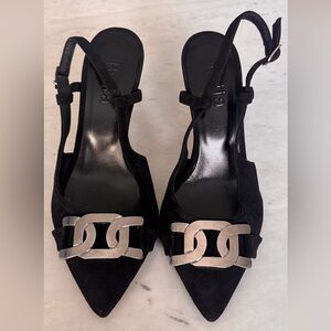 Black Suede and Silver Heeled Slingback Shoes